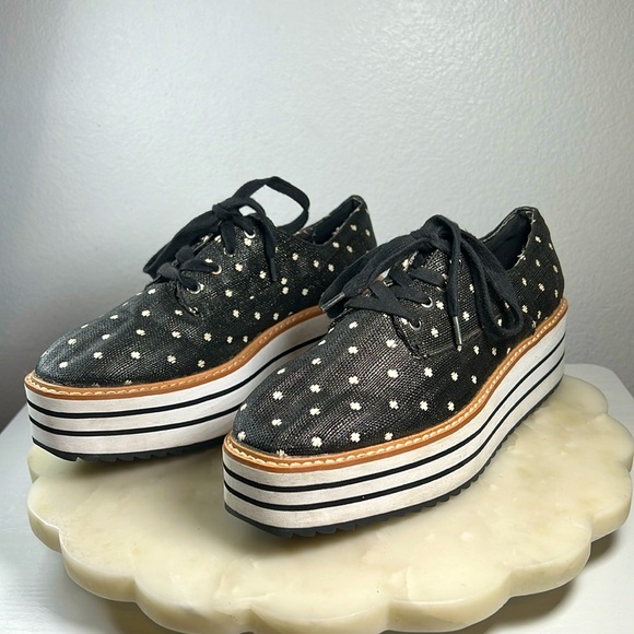 ZARA-Striped Platform Derby Canvas Shoes-Black/White Polka Dots-Size 39/8.5 - Picture 1 of 12